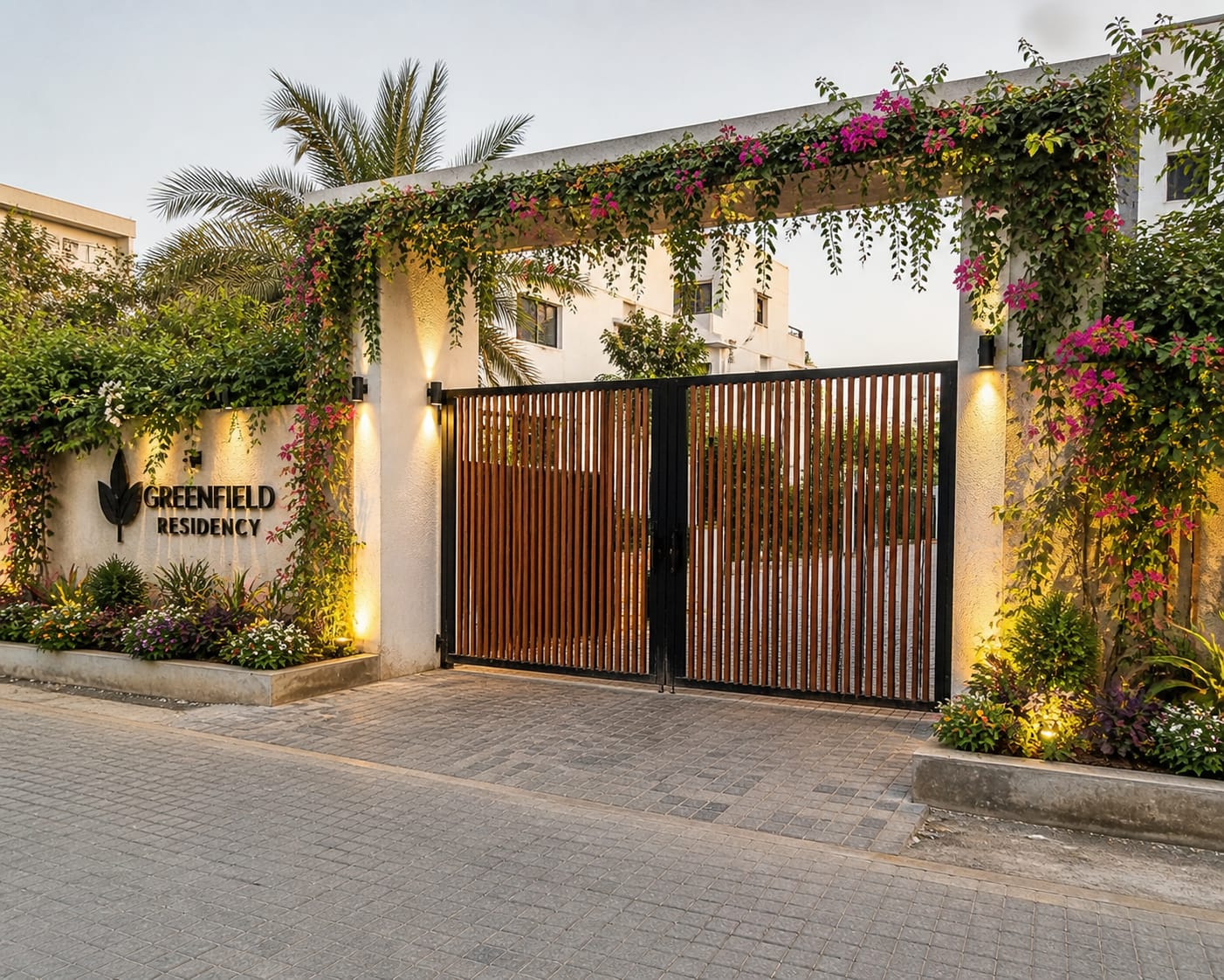 Landscaped residency entrance with bougainvillea